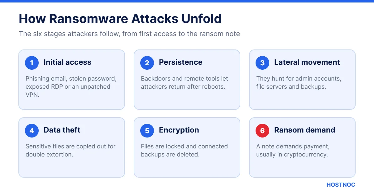 Six stages of ransomware attacks from initial access to ransom demand